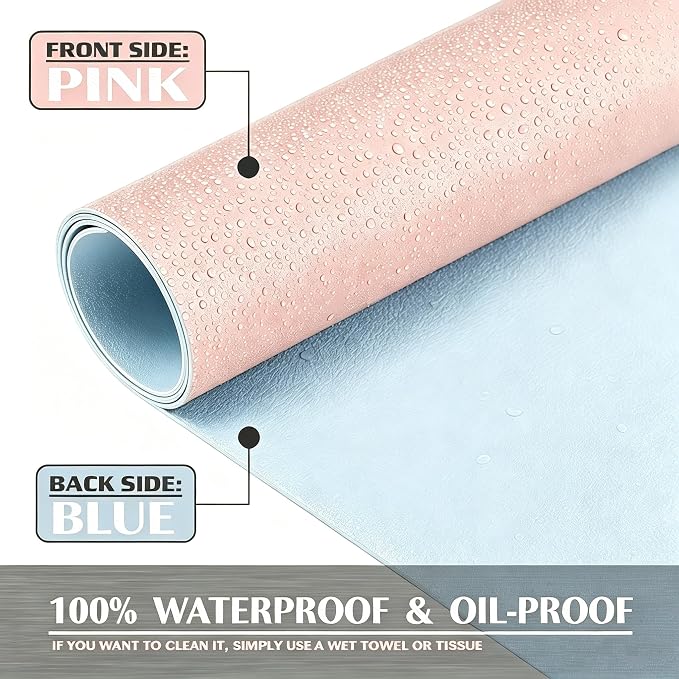 Makeup Mat for Vanity, Non-Slip PU Leather Desk Pad, Dual-Sided Laptop Pad, 31.5 x 15.7 Inches Table Mat, Easy to Clean Vanity Protector Mat, Waterproof & Oilproof Desk Protection (Pink and Blue)