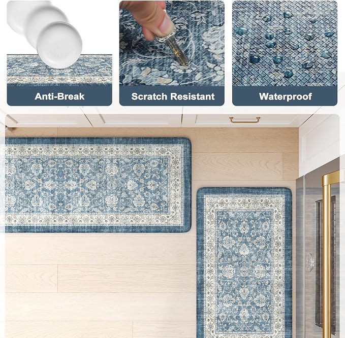 KIMODE Anti Fatigue Kitchen Mats 17.3" x 47"+17.3" x 29", Boho Blue Kitchen Rugs Sets of 2, Non Slip Waterproof Kitchen Floor Mats, Vintage Memory Foam Kitchen Mat for Sink, Laundry, Desk
