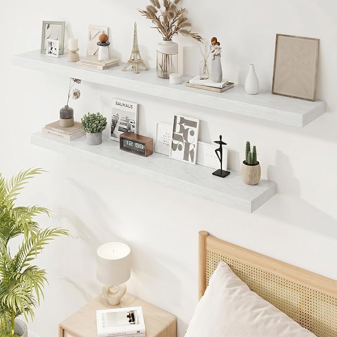 Marsmiles 55in Floating Shelves for Wall, 72" W x 9.25" D x 1.5" H, Long Wall Mounted Engineered Wood Shelves with Invisible Brackets for Living Room, Bedroom, Bathroom, Kitchen, White, 2Pcs