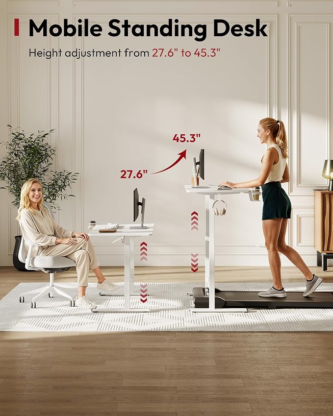 SANODESK Mobile Workstation Standing Desk with Gas-Spring Lift, Rolling Desk 32x20''Adjustable Height, One-Piece Desktop Workstation，Walking Pad & Treadmill Compatible, Portable Home Office