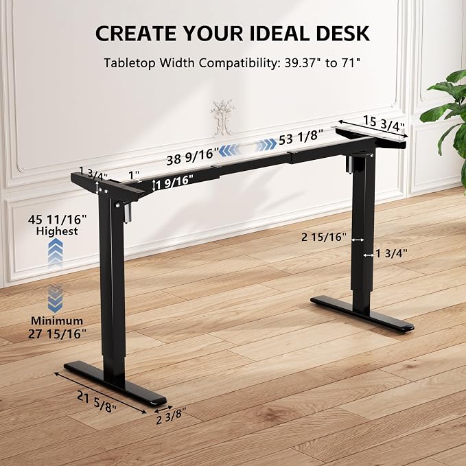 Standing Desk Frame Dual Motor, Electric Adjustable Legs Compatible Desktop Size 39″-71″, 264 lbs Weight Capacity, Sedentary Reminder Stand Up Desk Frame Workstation, Black Frame Only