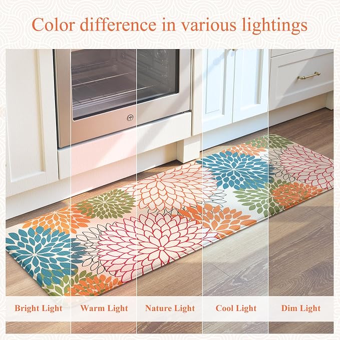 KIMODE Half Circle Anti Fatigue Mats for Kitchen Floor Rug Sets of 2 | 18"x28+18"x47",Orange,Half Round,2PCS,Dahlia Floral Boho,Non Slip,Waterproof,for Sink Office Laundry Bathroom Decor