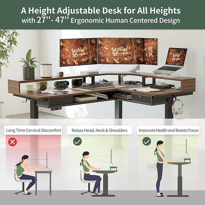 FEZIBO 63"x49" L Shaped Standing Desk with LED Strip & 2 Drawers, Upper and Lower Storage Shelves Available, Electric Height Adjustable, for Gaming, Office, Black Walnut