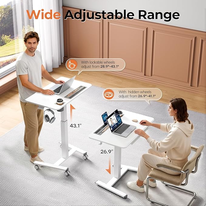 32" Mobile Desk with Drawer, Rolling Standing Desk on Wheels | Height Adjustable Desk with Cup Holder and Hooks, Portable Laptop Cart with Storage for Home Office, White
