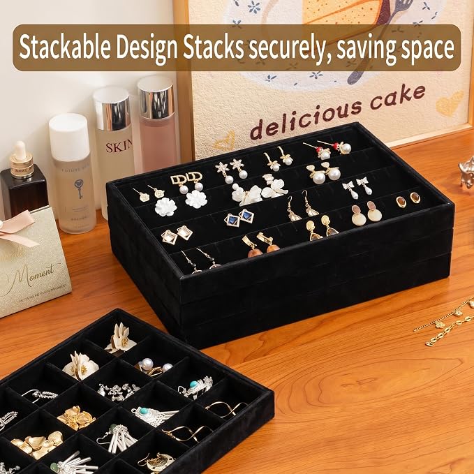 Jewelry Trays for Drawer,Set of 4 Jewelry Organizer and Storage | Velvet Material,Stackable,Adjustable Dividers,Drawer Inserts for Rings Studs Bracelet,Earring Organizer for Women Girls