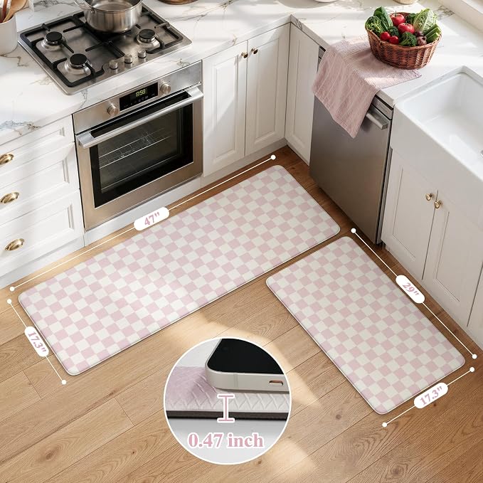 KIMODE Kitchen Anti Fatigue Mats, Light Pink Checkered Home Decor Carpet | Geometric Kitchen Rugs Sets of 2,Padded Kitchen Mats for Floor,Cushioned Rugs for Kithcen Floor Sink Laundry 17"x47"+17"x29"
