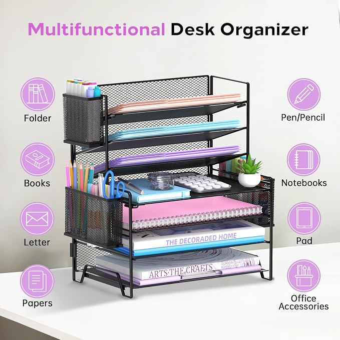 7-Tier Desk Organizer with 3 Pen Holders, Metal Letter Tray, Black | Metal Mesh File Organizer with 3 Side Holders for Paper, Notes, Pens and Office Supplies at Home, School or In the Classroom