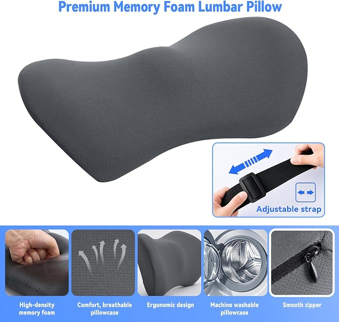 Lumbar Support Pillow for Office Chair and Car Seat, Lumbar Pillow with Adjustable Strap, Memory Foam Back Pillow for Lower Back Pain Relief, Back Support Pillow for Sitting, Driving, Traveling