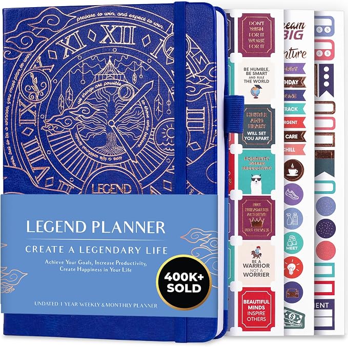 Legend Undated Weekly Planner – Goal Planner Journal & Organizer Notebook – Agenda Book with Monthly Calendar & To-Do List, A5 (Royal Blue, Gold)
