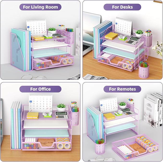 Marbrasse 4-Tier Paper Tray Organizer with Drawer and Pen Holder, Purple | Metal Mesh Desk Organizer, Built-in Drawer & 2 Pen Slots, fits letters/Files, for School Home Office Supplies