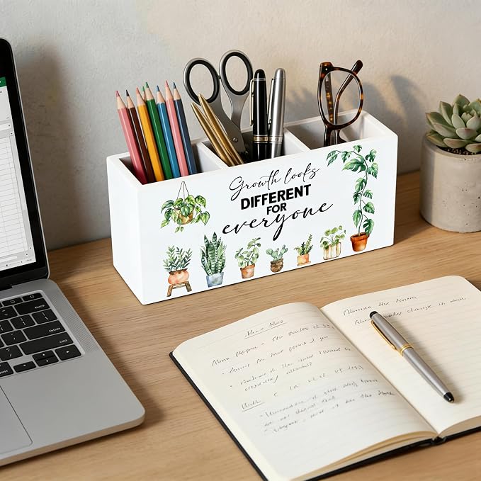 Botanical Mental Health Wooden Pen Holder for Desk, Growth Looks Different for Everyone Motivational Pencil Organizer Wooden Box Sign for Therapy Counseling Office Classroom Decoration