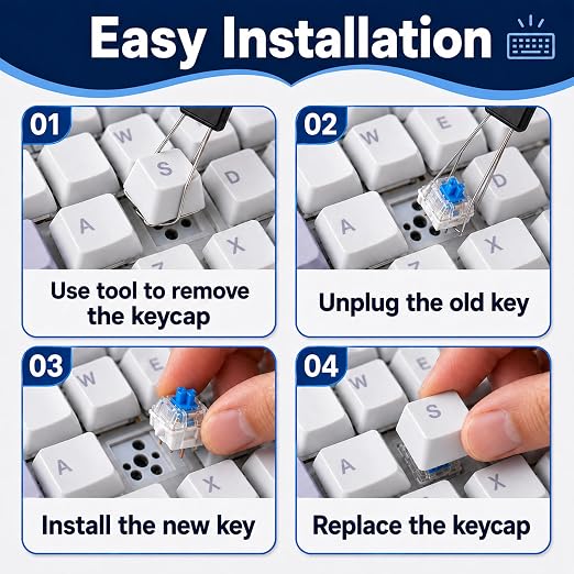 120 Pcs Blue Mechanical Keyboard Switches 3-Pin Tactile Compatible with Most Gaming Keyboards, Dustproof & Waterproof Keyboard Clicker, Including 2Pcs Switch Puller