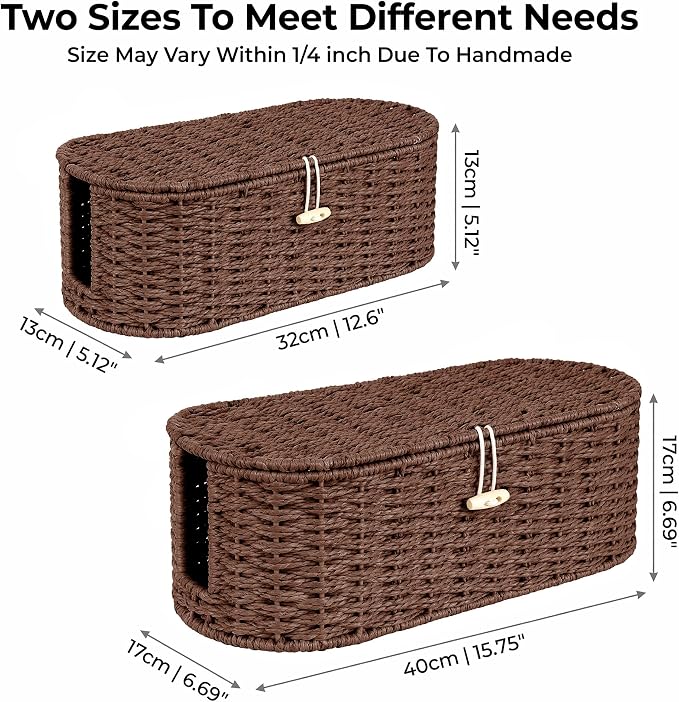 Set of 2 Cable Management Box, Handwoven Cord Hider Box with 3 Open Slots | Cable Organizer Box with Lockable Lid, Cord Storage Box to Hide Power Strip, Router, USB Hub, TV Wires for Home, Office
