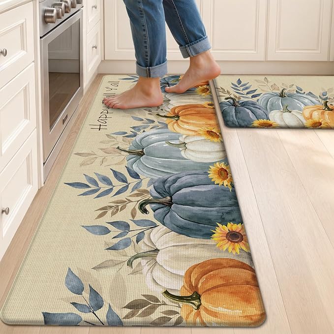 HEBE Fall Kitchen Mat Set of 2, Anti Fatigue Pumpkin Kitchen Mats for Floor | Cushioned Non Slip Autumn Kitchen Rugs and Runner Set, Waterproof Sunflower Maple Leaf Floor Carpet for Harvest Thanksgiving