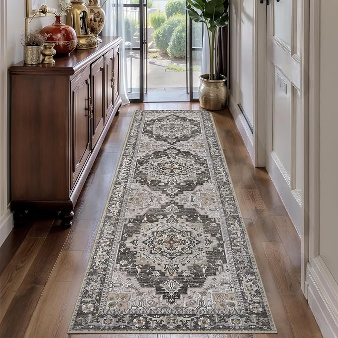 Tangsoo 2.6x8 Washable Runner Rug for Hallways, Non Slip Vintage Runner Rug, Farmhouse Soft Low Pile Long Rug Runner, Print Carpet Runners for Kitchen Bedroom Entryway Bathroom Living Room Taupe/Grey