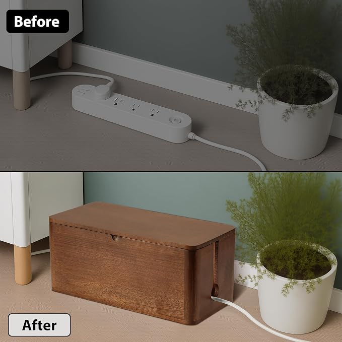 ZhiYo Wood Cable Management Box, Large Cord Organizer Box for Power Strip, Extension Cord Hider for Office, Desk Cable Storage Box for Wire Management, Floor Outlet Hider, 14.2" L × 6.7" W × 6.3" H