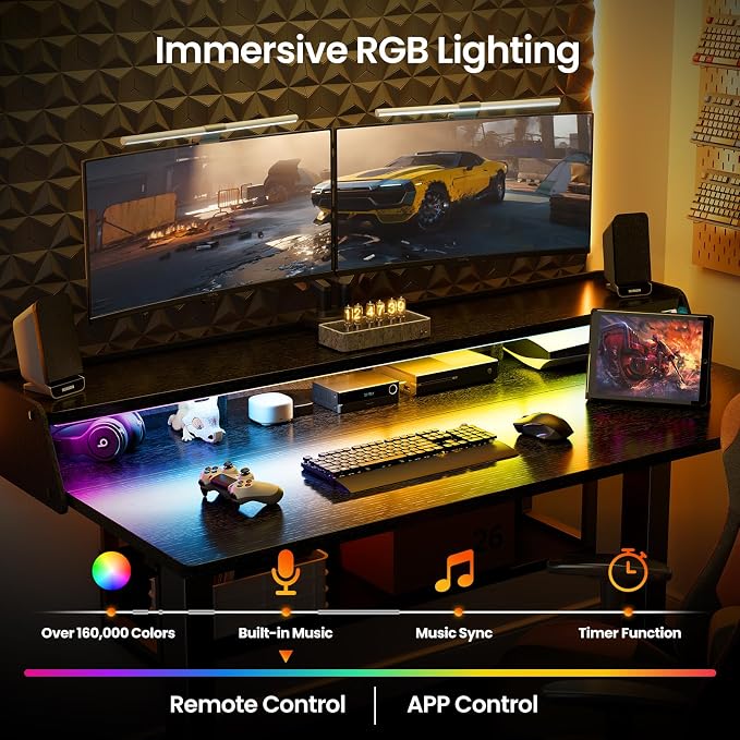 ErGear Electric Standing Desk, 55x28 Inch Adjustable Sit Stand Desk with Bookshelf & Monitor Stand, Standing Gaming Desk with LED Light Strip, Stand Up Desk for Home Office, Black | Raised Monitor Stand, 27.9–46.9 Inch Height Range, 4 Memory Presets, 1...