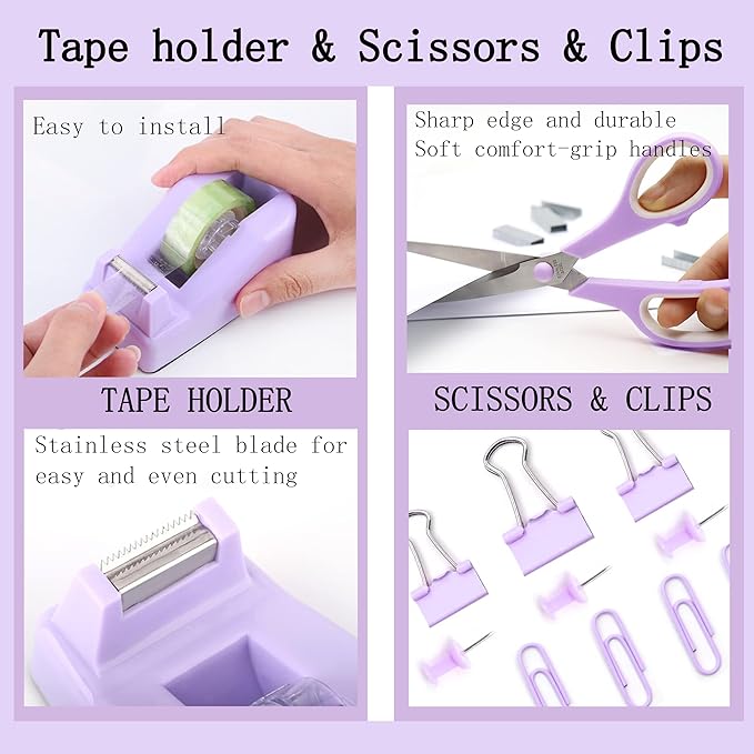 Dimonluce Purple Desk Accessories, Purple Office Supplies Accessories with Tape Dispenser, Stapler, Staple Remover, 1000 Staples, Tape, Clips Set, Ruler, Scissor, Pen