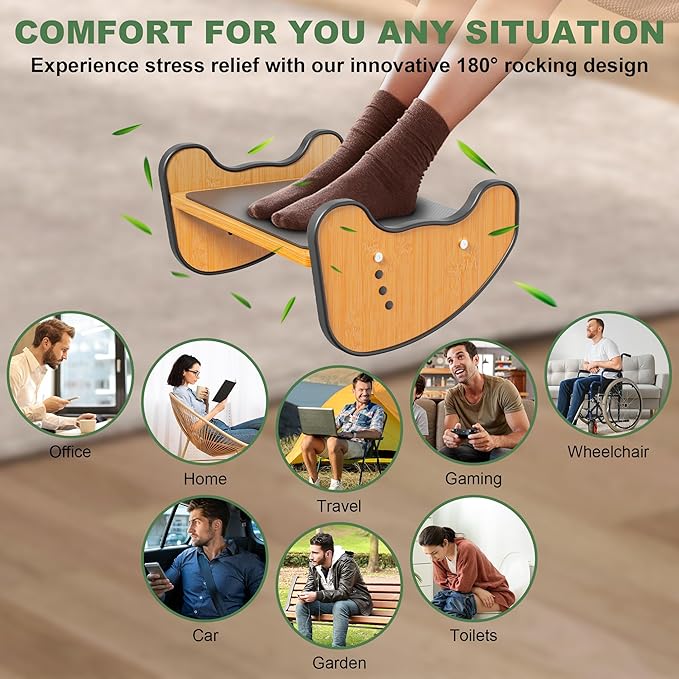 Rocking Foot Rest for Under Desk at Work - 3 Adjustable Heights Wooden Office Footrest, Two Mode of Use Foot Stools with Large Anti-Slip Surface, Ergonomic Foot Stool for Home Office Gaming