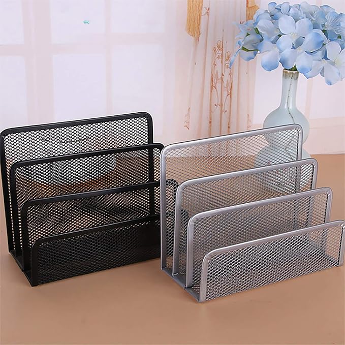 VANRA Small Letter Sorter Desktop Envelopes Holder Organizer Metal Mesh with 3 Vertical Upright Compartments (Silver)