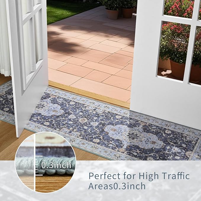 4x6 Washable Area Rug, Living Room Rug, Navy Blue Vintage Non-Slip Rug, Low Pile Floral Indoor Rugs, Soft Distressed Print Pattern Carpet for Living Room, Bedroom, Kitchen, Dining Room and Office