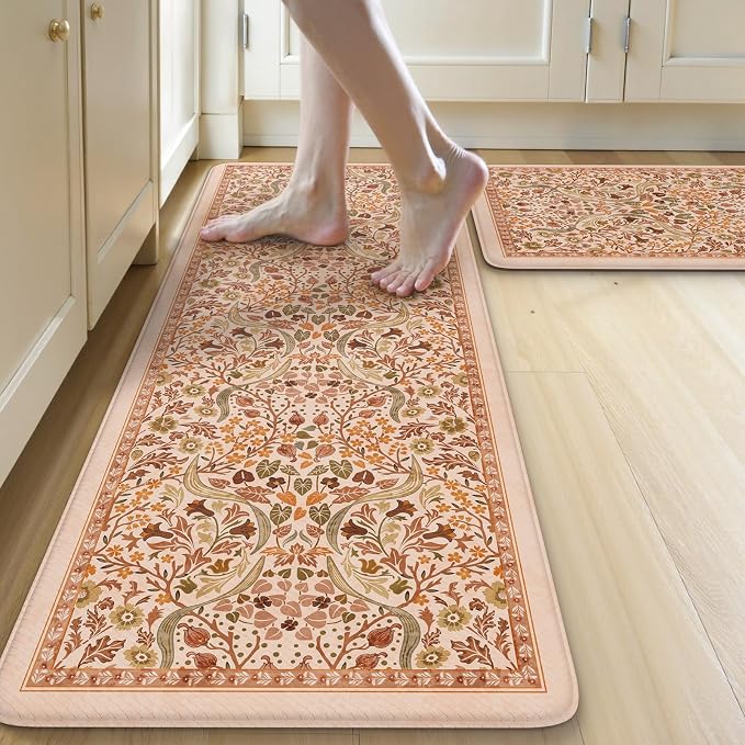 Collive Fall Orange Floral Kitchen Mats, Cushioned Anti Fatigue Kitchens Rugs Set of 2 Non Slip Desk Mats, Waterproof Sink Mat Comfort Standing Rug for Home Office Decoration