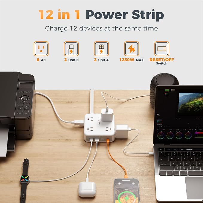 TESSAN Dual Surge Protector Power Strip, 10 Ft Extension Cord Flat Wall Plug with 4 USB (2 USB C) 8 Outlets, 2100J Surge Protection, 20W Multiple Charging Station for Home, Office, Dorm Room, Grey