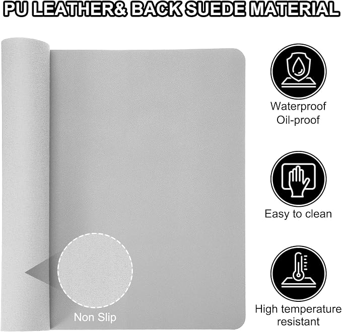 Patikil Desk Mat, 35"x17" Non-Slip Waterproof PU Leather Desk Pad Protector Dual Sided, Silver Tone