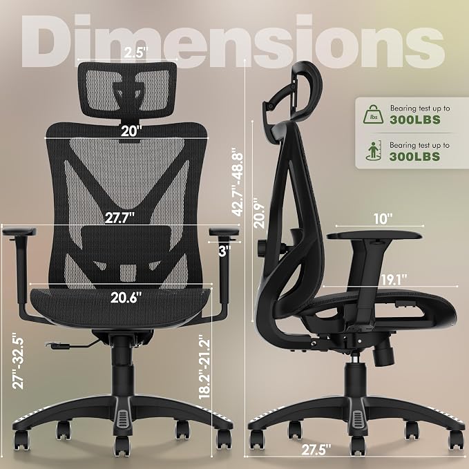 ELABEST T23 Ergonomic Mesh Office Chair, High Back Computer Desk Chair, Breathable AirMesh with Dual-Move Lumbar Support, 3D Armrests & Headrest, Tilt Lock,Big and Tall for Home Office(Onyx)