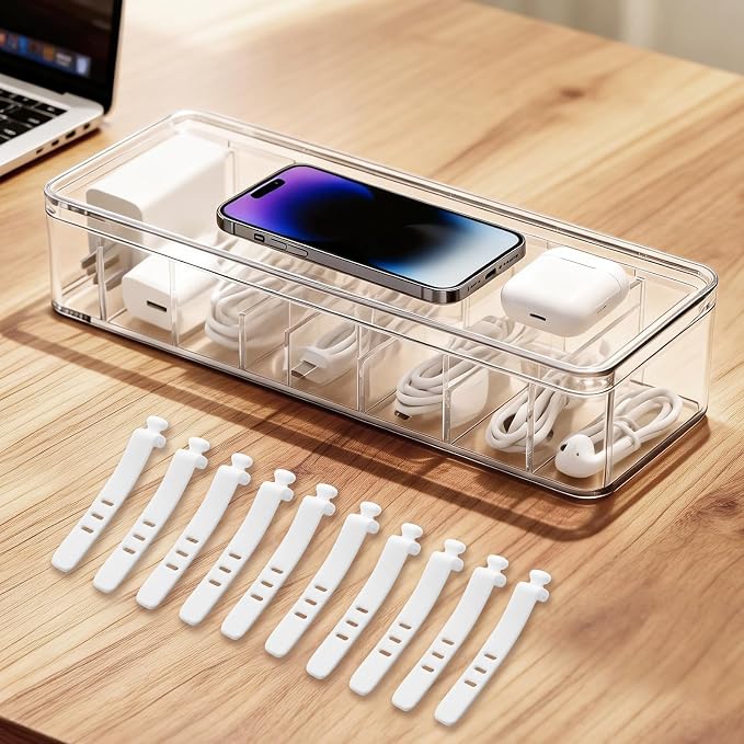 Cable Organizer Storage Box with Lid - Clear Phone Charger Cord Organizer Case - Cables Wire Management Box with Adjustable Compartments 10 Wire Ties for Drawer Desk Office Home Accessories(1 pack)