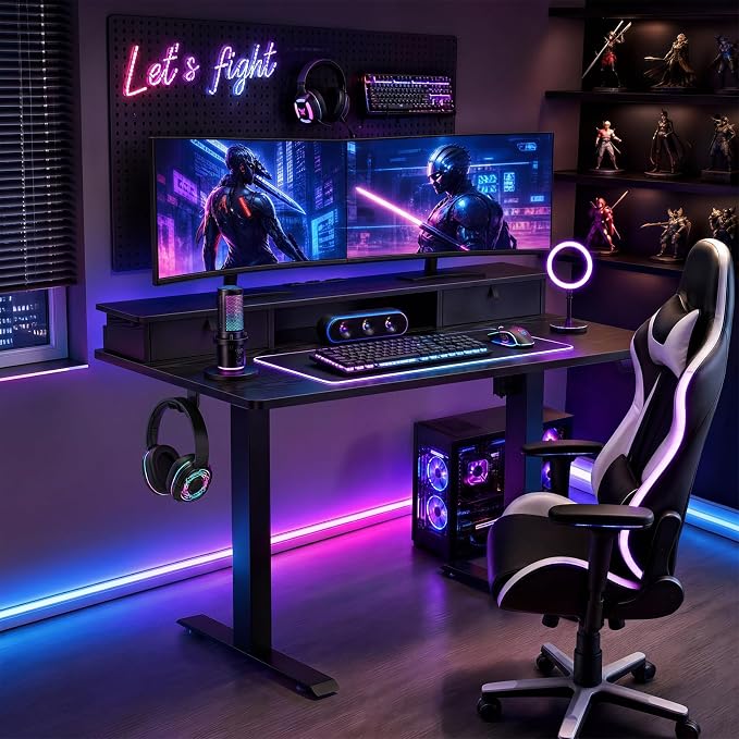 Veken 47x28 in Electric Standing Desk with Drawers, Adjustable Table, Black | Stand up Computer Desk for Home Office, Work & Study, with Storage, 3 Memory Presets, Cable Organizer, Hook, and Quiet Lift.