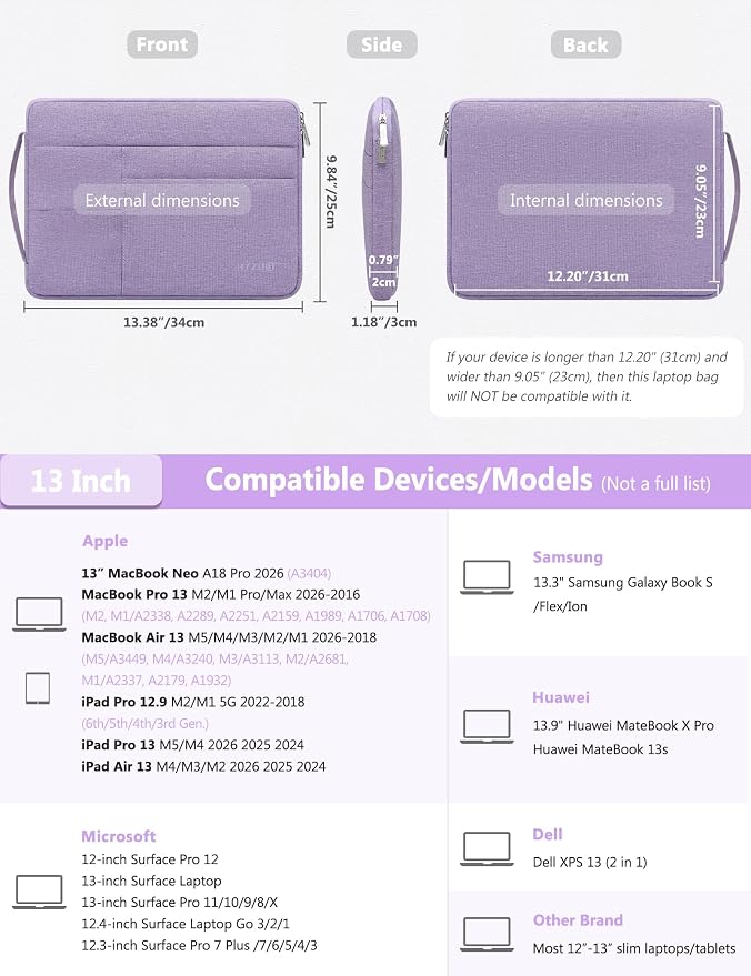 HYZUO 13 Inch Laptop Case Sleeve Bag for MacBook Air 13 M5 A3449 M4 M3 M2 M1 2026-2018, 13" MacBook Neo 2026 A3404, MacBook Pro 13 M2 M1 2026-2016, iPad Air/Pro 13, Surface Pro, XPS 13, Lilac Purple