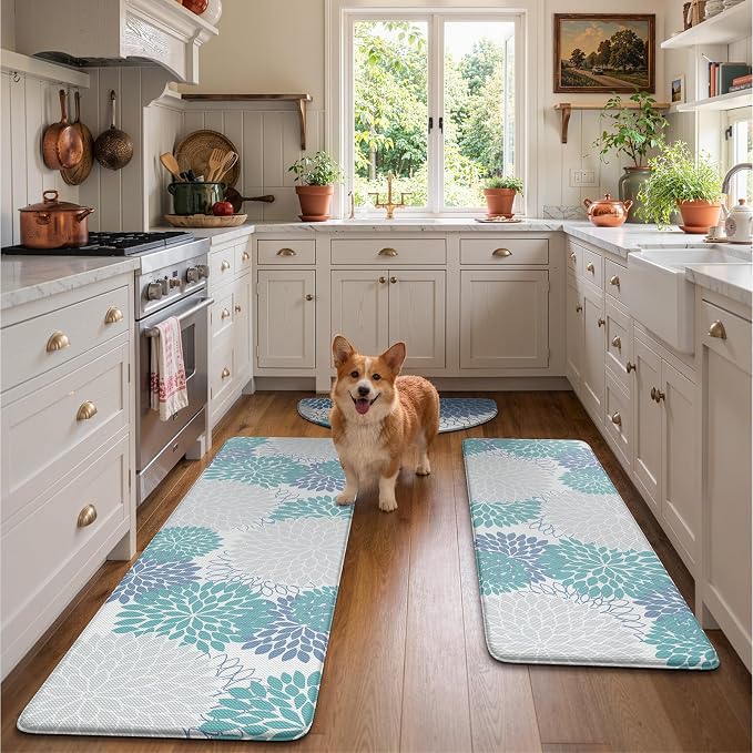 KIMODE Half Circle Anti Fatigue Mats for Kitchen Floor Rug Sets of 3 | 18"x28+18"x47"+18"x59",Blue White,Dahlia Floral Boho,3PCS,Non Slip,Waterproof,for Sink Office Laundry Bathroom Decor