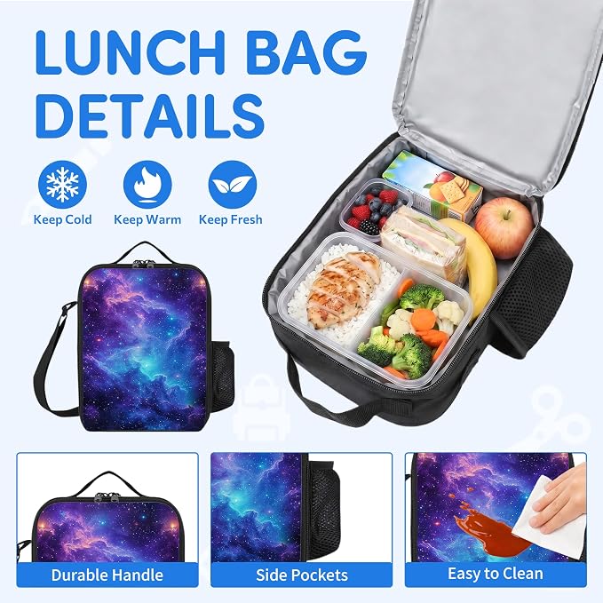 3PCS Galaxy Print Backpack for Boys Girls Teens, School Backpack with Lunch Box Pencil Case for Elementary Middle High Students, 17 Inch Lightweight Bookpack 3 in 1 Set Back to Shool Gifts for Kids