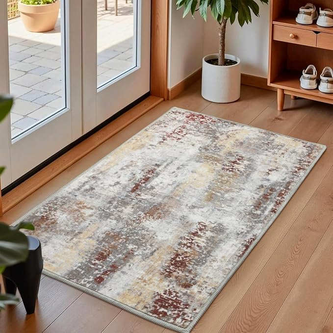 Macgace Washable Abstract Rug, 2x3 Small Modern Area Rugs with Non-Slip Rubber Backed for Kitchen, Thin but Soft Throw Carpet Bedroom Entryway Front Door Decor, Rusty Brown