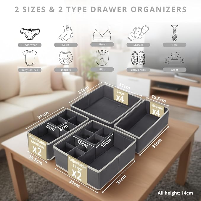 DECOMOMO Adjustable Drawer Organizer Clothes, 12 Pack Drawer Dividers | Fabric Storage Bins, Baby Dresser Organizer for Nursery, Underwear, Bra, Socks (Grey)