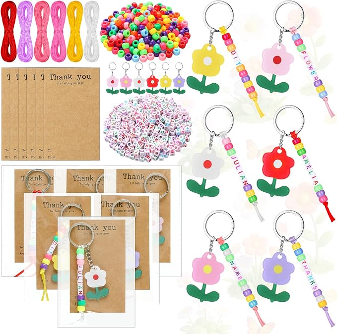 Suncalla 984 Pcs 24 Set Teacher Keychain Making Crafts Kit Back to School Teacher Keychain Gifts DIY Thank You for Helping Me Grow Gifts Flower Charm Name Letter Beads Cards Strings Kit