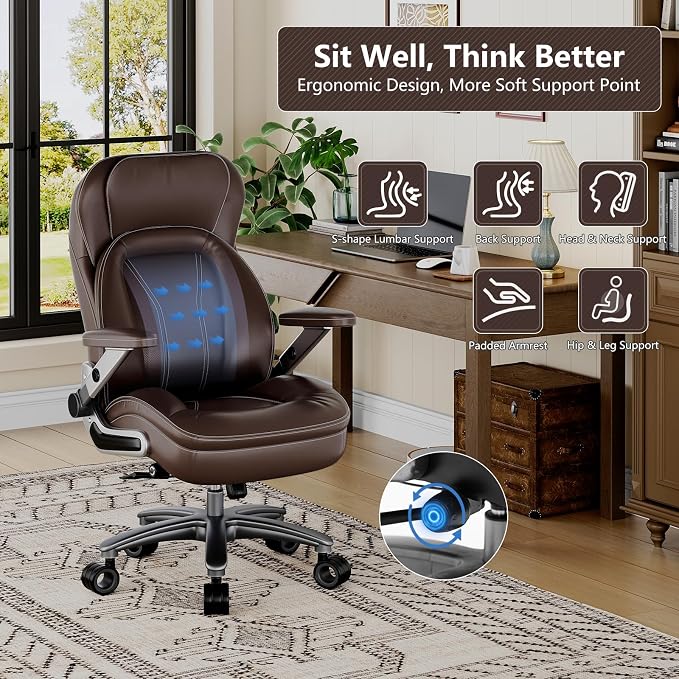 Big and Tall Office Chair, Heavy Duty Desk Chair with 5D Arms, Adjustable Lumbar Support & Height, Tilt Function, PU Leather High Back Ergonomic Executive Computer Chair