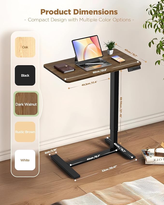 24"x 16" Electric Overbed Table, Rolling Laptop Desk for Bed, Walnut | Height Adjustable Bedside Desk with Hidden Wheels, Mobile Standing Desk for Sofa, Home Office & Hospital Use