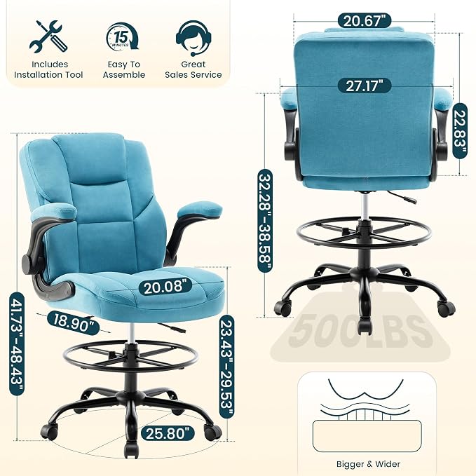 Drafting Chair 500Lbs, Tall Office Chair for Standing Desk, Fabric Executive Office Chair with Flip-up Armrests, Ergonomic High Chair with Adjustable Foot Ring, Comfy Stool Chairs, Blue