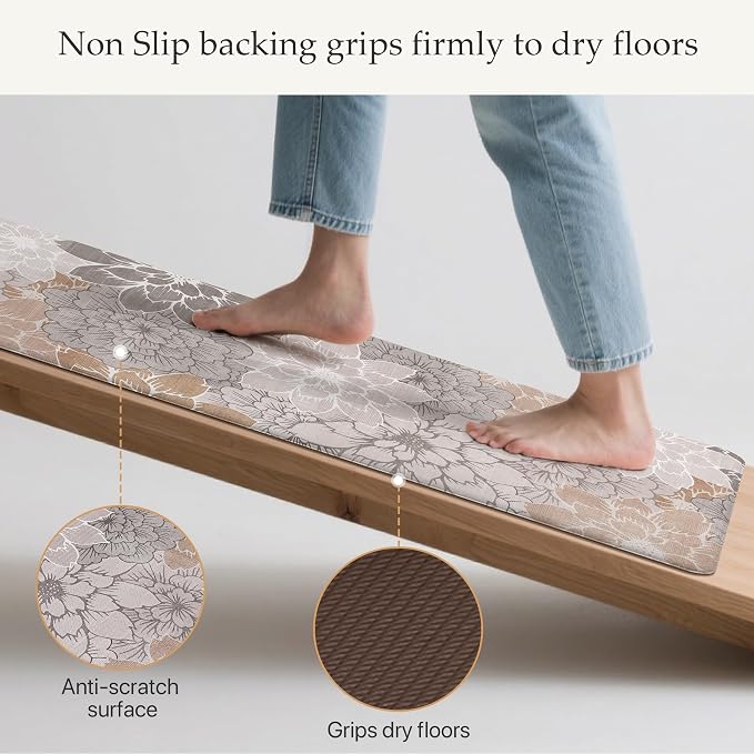 GENIMO Anti Fatigue Kitchen Runner Mats for Floor, Cushioned Standing Mats | 23"x71" , Taupe Grey vintage floral rug set, waterproof, non slip, easy-clean for farmhouse