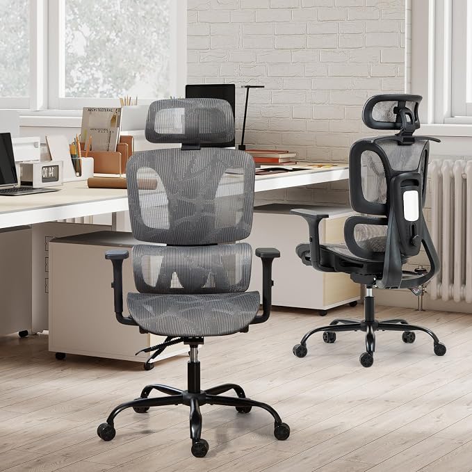 ECOTOUGE Grey Ergonomic High Back Mesh Office Chair | Lumbar Support, Adjustable Headrest, 3D Armrests, Reclining, Home/Office/Gaming, 330LBS