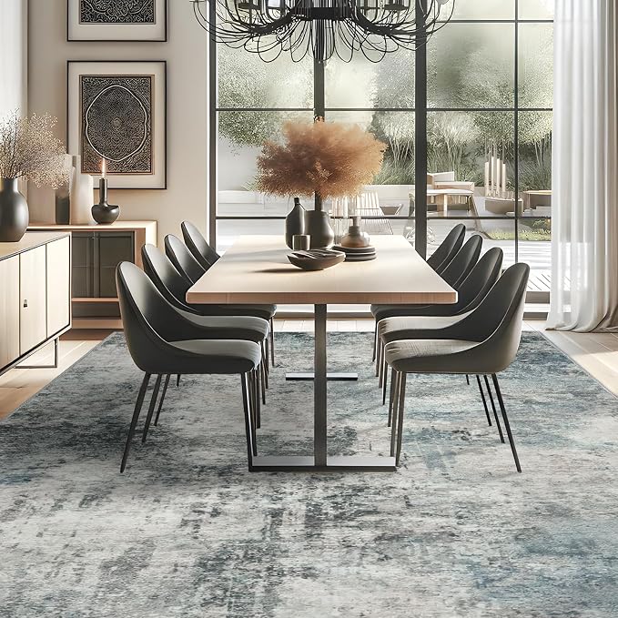 RUUGME Abstract 10X14 Washable Rug - Area Rugs for Living Room Large Indoor Ultra Thin mat for Bedroom Stain Resistant Non-Slip Backing Distressed Soft Room Farmhouse Floor Carpet 10X14 Blue