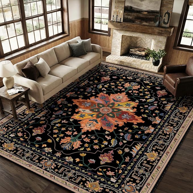 RELEANY Area Rugs Large 9'x12' Washable Non-Slip, Floral Vintage Distress Medallion Carpet for Living Room Bedroom Dining Room, Black Colorful Floral Dark Tan