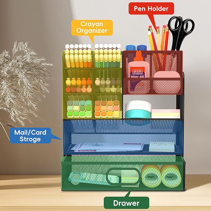 Mesh Pen Organizer for Desk, 13 Compartments with Drawer, Black | Metal mesh pencil holder and desk organizer with tilted slots for easy access to stationery at home, school or office