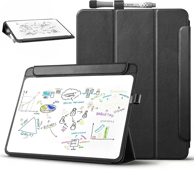 CoBak Glass Portable White Board Desktop Easel 12x9 inch (A4) - Book Folio Tri-fold Design Clean Glass Dry Erase Board with 3 Markers, Anti-Ghosting Suface for Office, Business and School (Black)