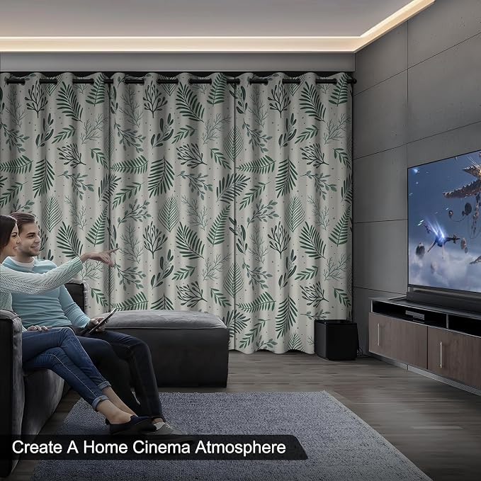 Blackout Curtains for Bedroom and Living Room, Green Leaves Grommet Thermal Insulated Bedroom Curtains Room Darkening Drapes 84 Inch Length 2 Panels Set, Reduce Outside Noise, Maintain Privacy