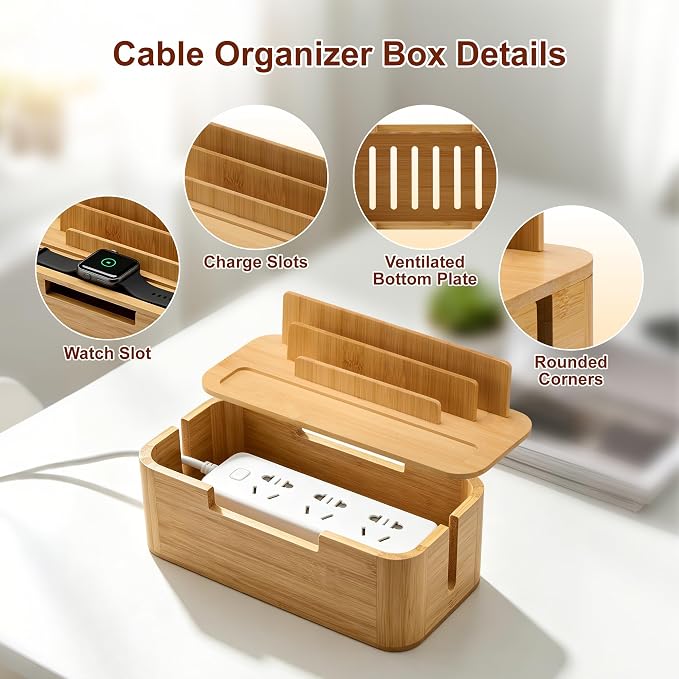 Bamboo Charging Docking Station, Multiple Device Desktop Organizer with Cable Management, Compatible with Phone, Tablet, Watch, Earbuds, Home Office Nightstand