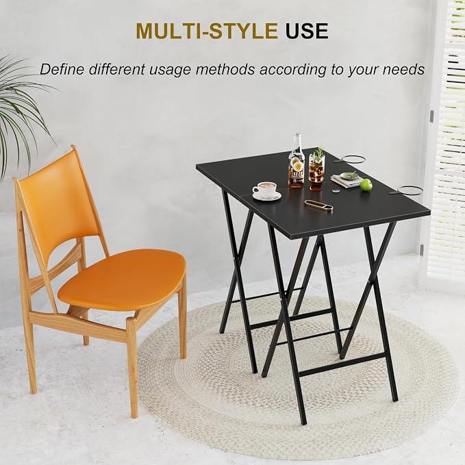 VECELO Folding TV Tray for Eating Set of 2, Portable Dinner/Snack Table with Cup Holder for Couch, Living Room and Small Space, Matte & Black