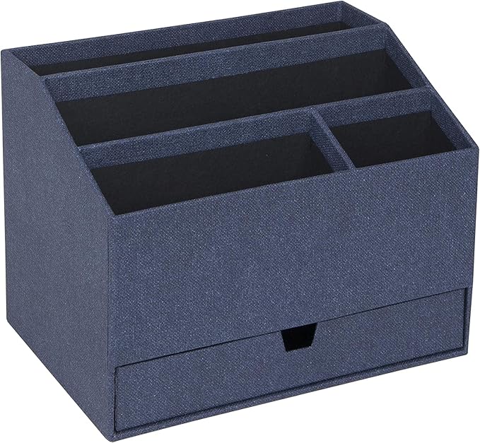 Bigso Box of Sweden Greta Desktop Organizer - Durable Office Desk Organizer for Office Supplies and Accessories - 4 Compartments and Drawer for Customized Organizing - 9.4in x 6.2in x 7.2in - Blue